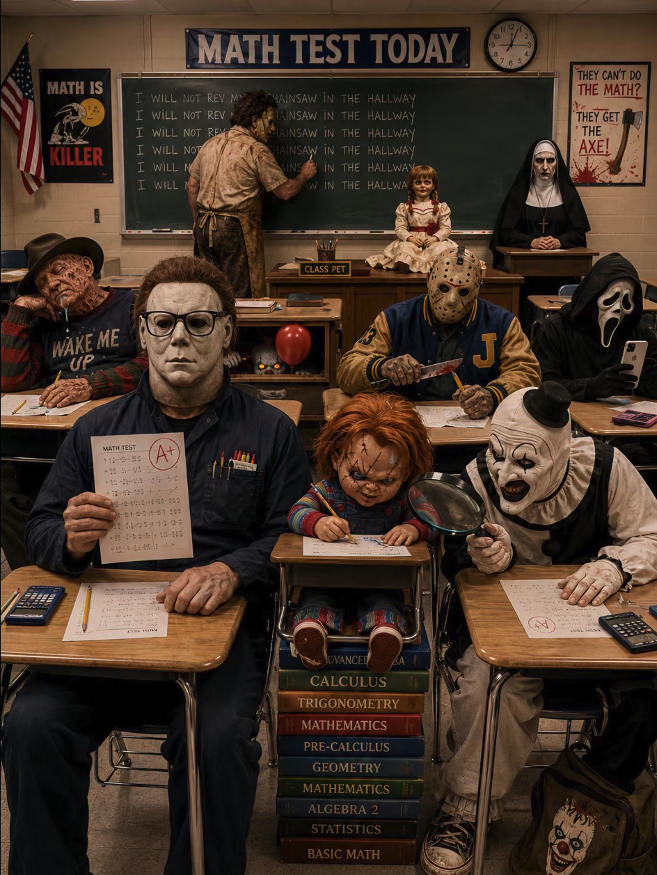 Horror movie characters resembling Michael Myers, Jason Voorhees, Pennywise, and Leatherface seated at school desks taking a math test.