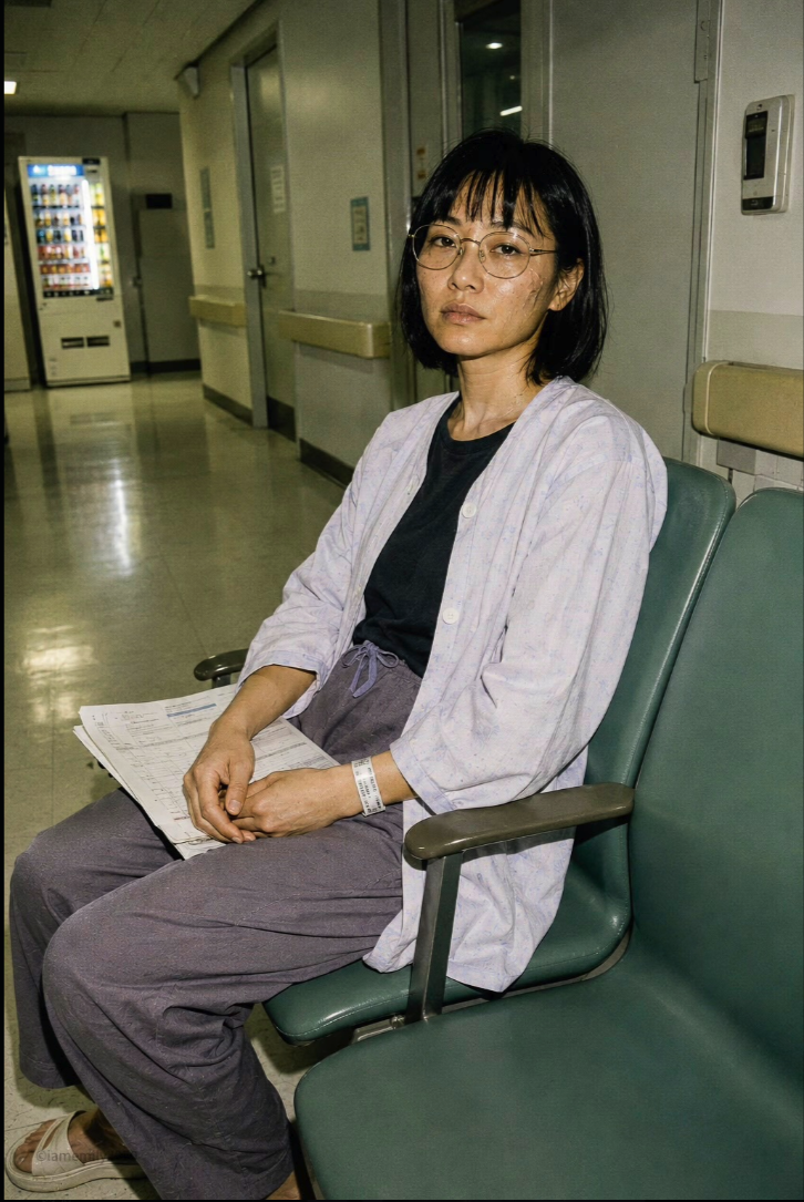 An unidentified person with short dark hair and glasses seated in a hospital waiting area, wearing a gown and wristband.