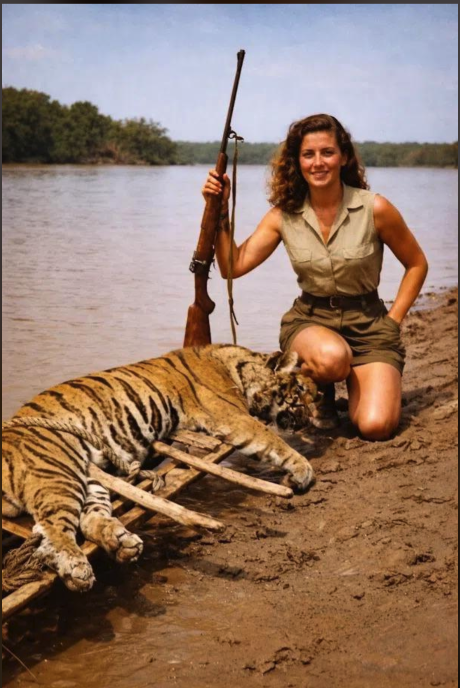 A woman kneeling on a riverbank beside a tiger laid out on wooden planks, holding a rifle.
