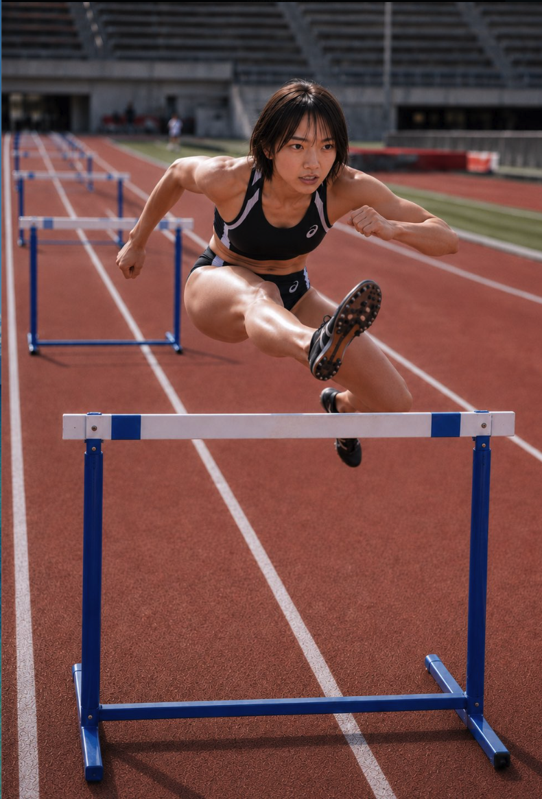 An athlete appearing to clear a hurdle on a red running track in a stadium.