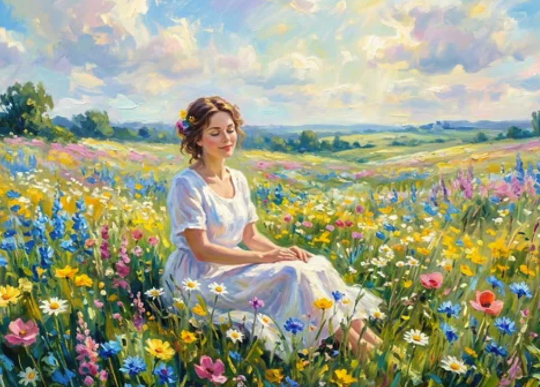 An impressionist-style painting of a woman in a white dress seated in a wildflower meadow under a cloudy sky.