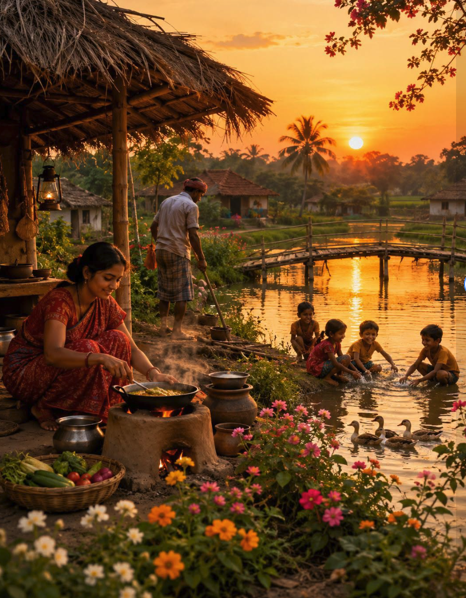 An illustration of a woman cooking at a clay stove outside a thatched-roof dwelling, with a man standing nearby and children playing in water at sunset.
