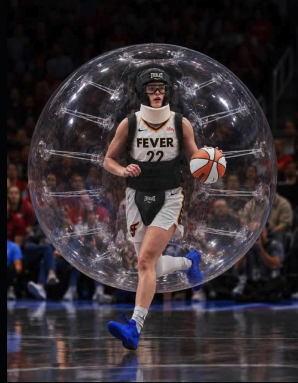 A player wearing an Indiana Fever #22 jersey running inside a transparent bubble on a basketball court, wearing protective gear.