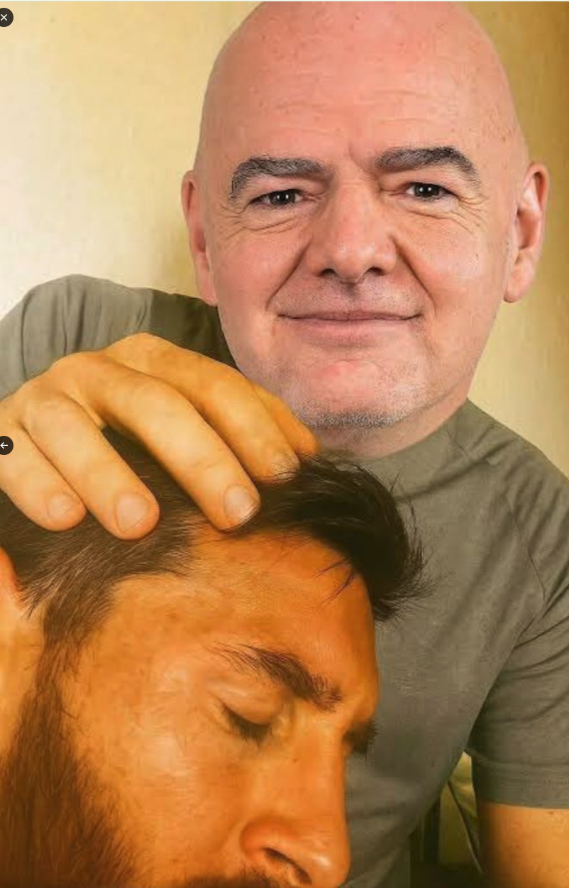 Two men resembling Gianni Infantino and Lionel Messi in a close, affectionate pose.