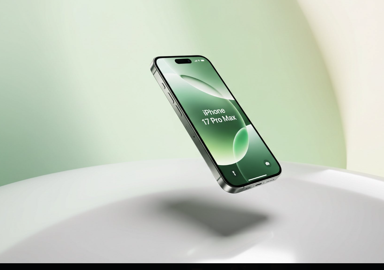 A smartphone resembling an iPhone 17 Pro Max floating above a white surface against a soft green background.