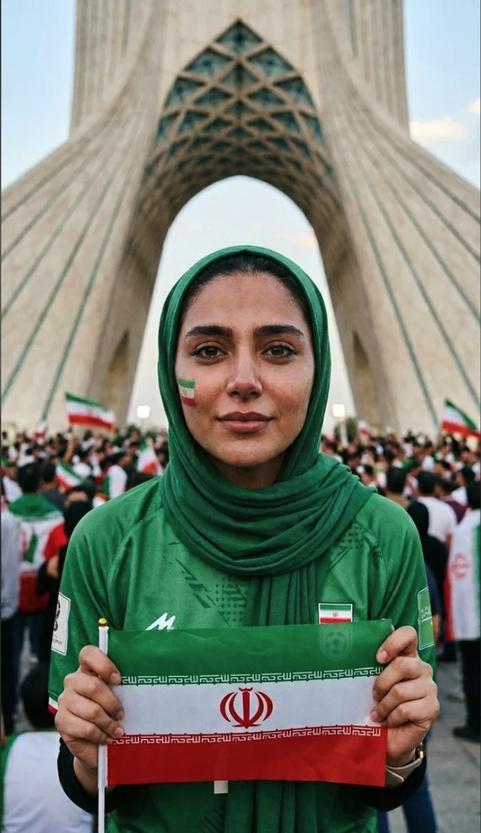 A woman wearing a green headscarf and green jersey, with an Iranian flag painted on her cheek, holding a small Iranian flag in front of the Azadi Tower in Tehran.