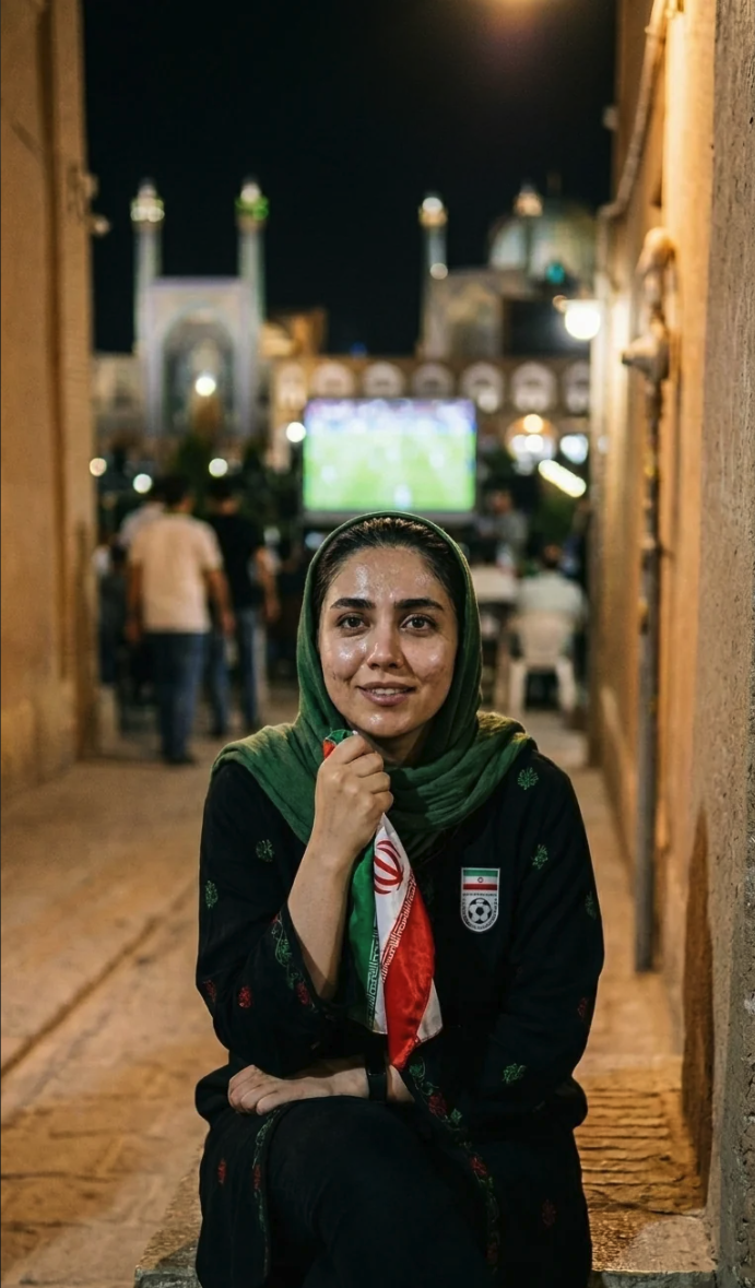 A woman in a green headscarf holding an Iranian flag, with an illuminated mosque and soccer match screen in the background.
