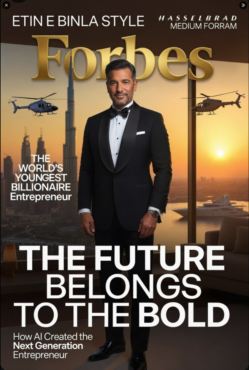 A magazine cover styled like Forbes showing a man in a black tuxedo against a sunset city skyline.