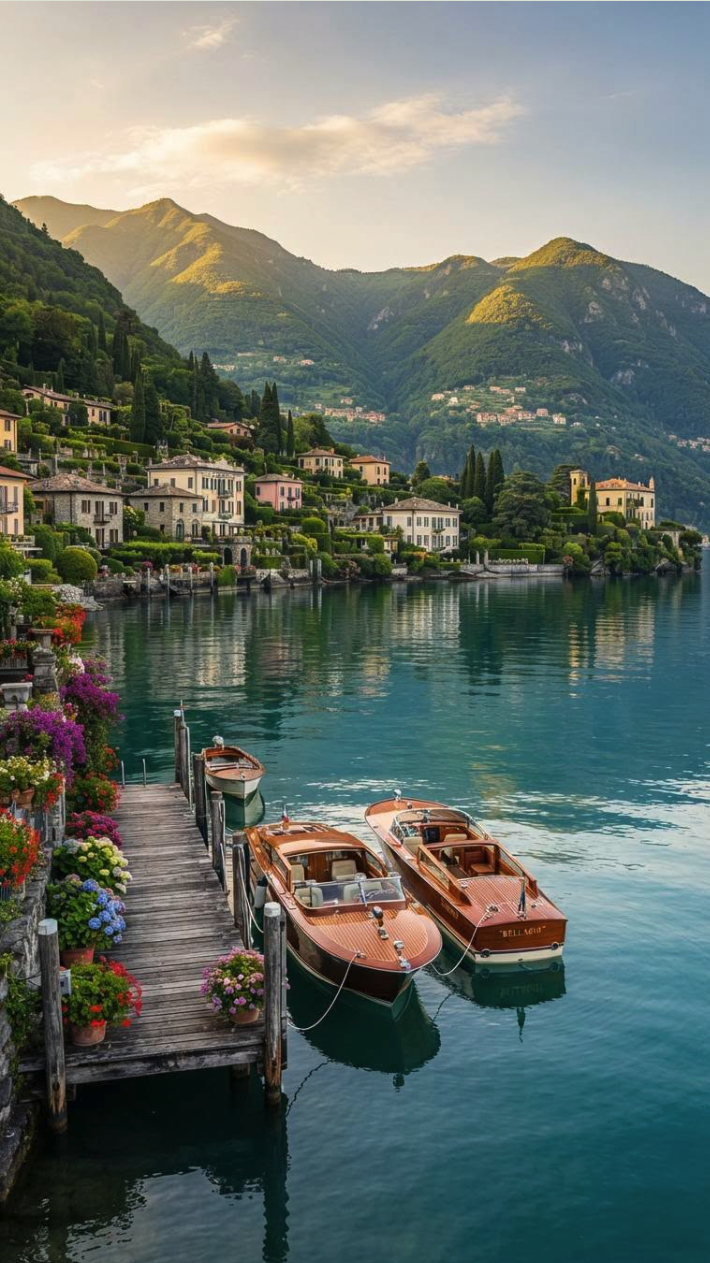Wooden motorboats moored at a lakeside dock with mountains, an Italian-style villa, and potted flowers in the foreground.