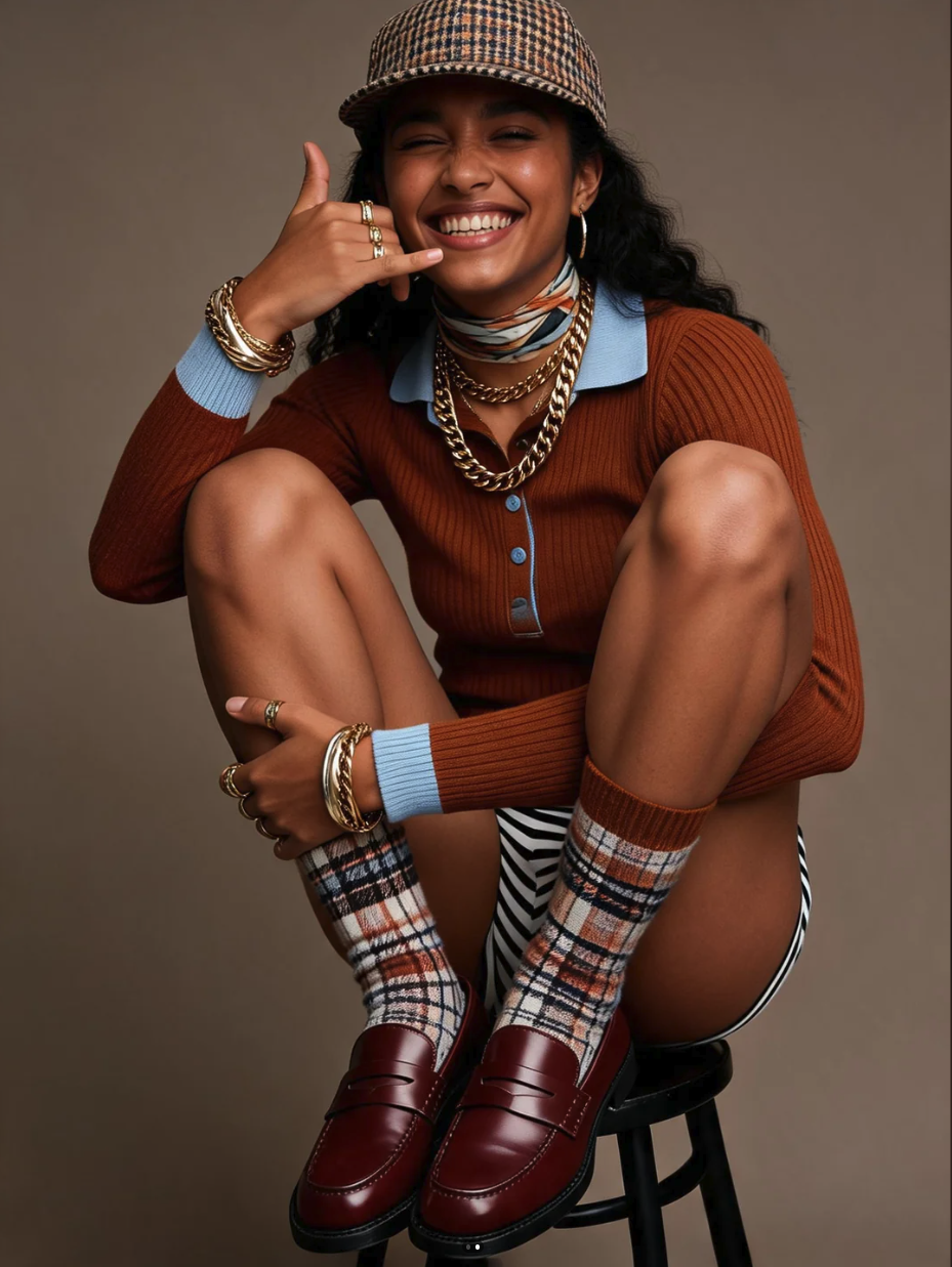 A woman seated on a stool, smiling and holding her hand up in a phone-call gesture.