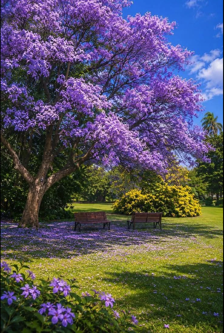 A large purple-blooming jacaranda tree shading two wooden park benches on a green lawn beside a yellow flowering bush.