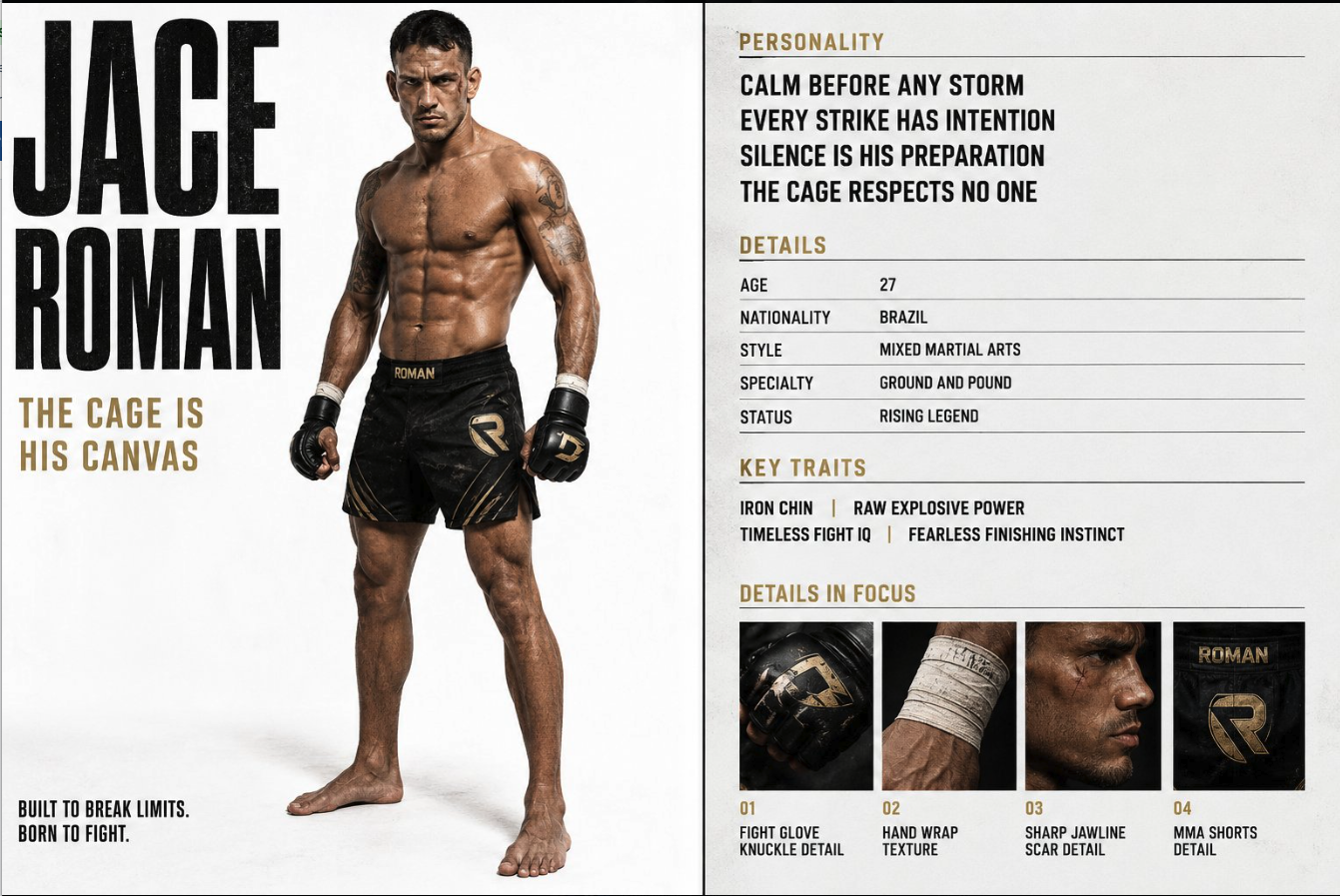 A shirtless muscular man resembling MMA fighter 'Jace Roman' posed in fight shorts and gloves against a white background.