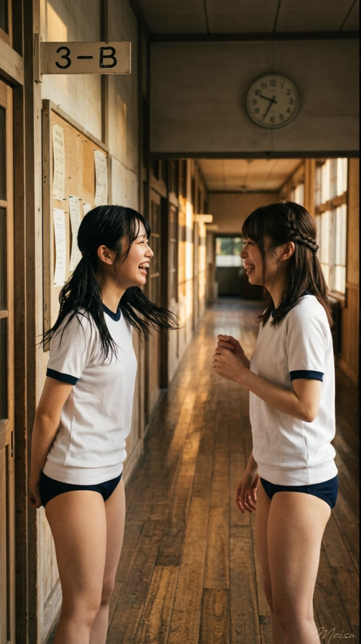 Two young women in white t-shirts and dark shorts facing each other in a wooden Japanese school hallway.
