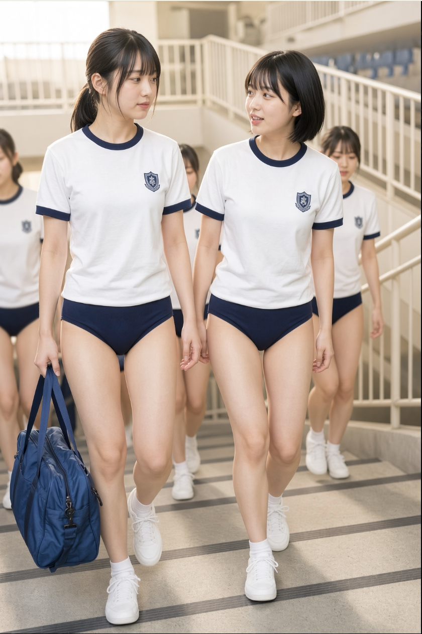 Several young women in white and navy PE uniforms walking together through a school interior with staircases.