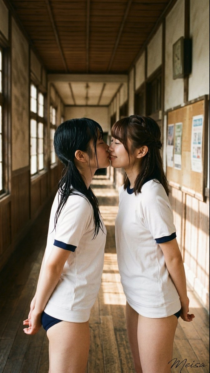 Two young women in Japanese gym uniforms kissing in a school hallway.
