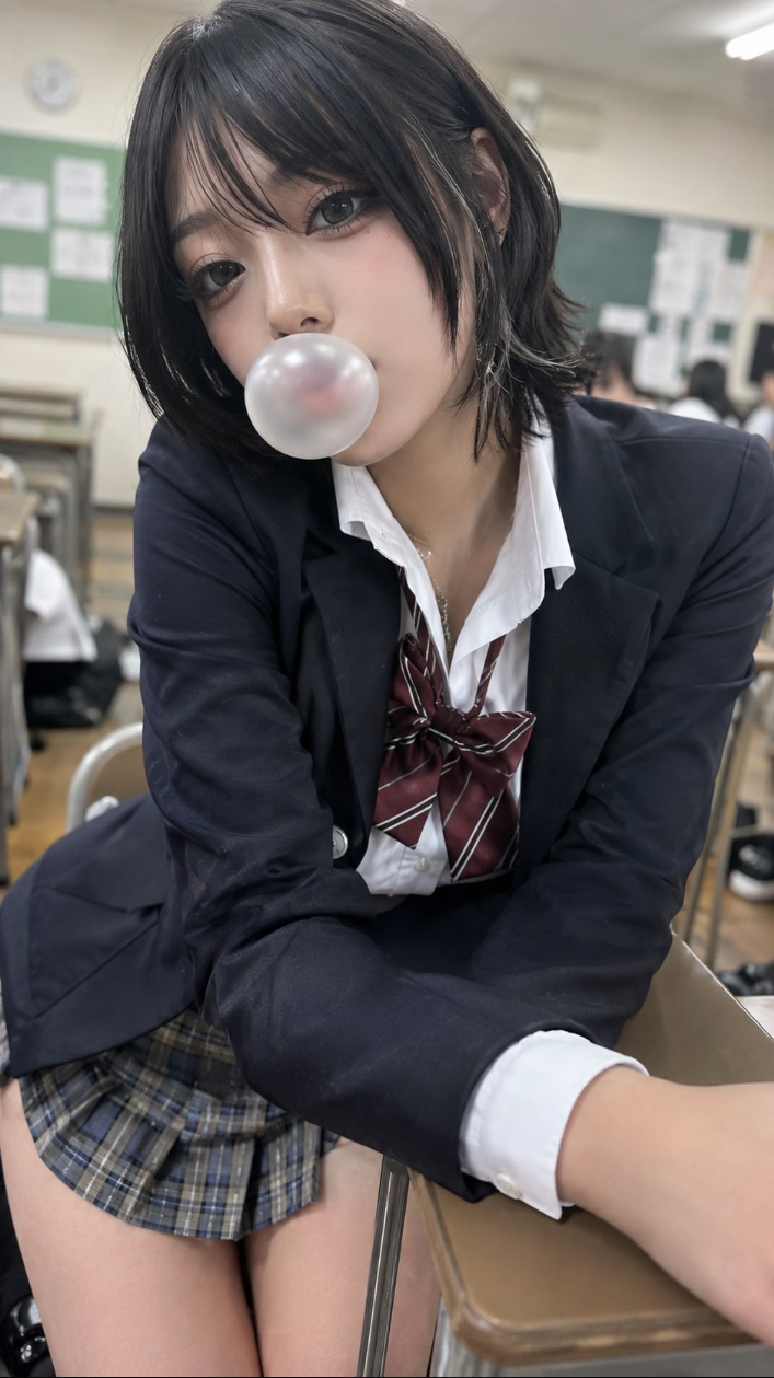 An unidentified young person in a Japanese school uniform blowing a bubble with gum at a classroom desk.