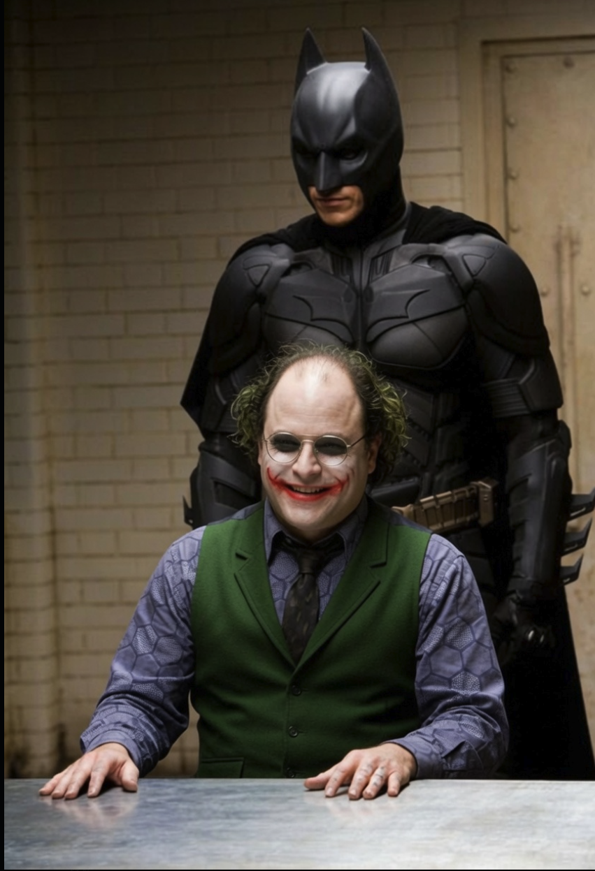 A man resembling Jason Alexander in Joker makeup seated at a metal table, with a Batman-costumed figure standing behind him.