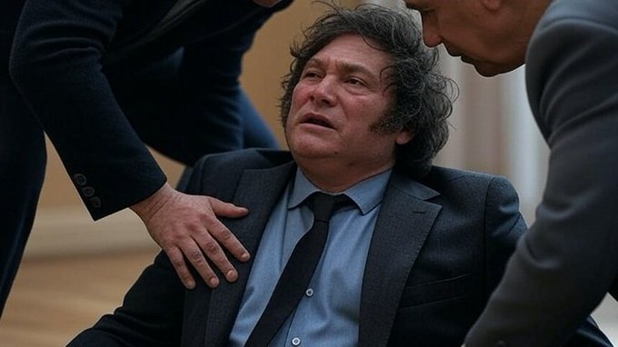 A man resembling Javier Milei in a suit and tie, looking distressed, with two others holding his shoulders.