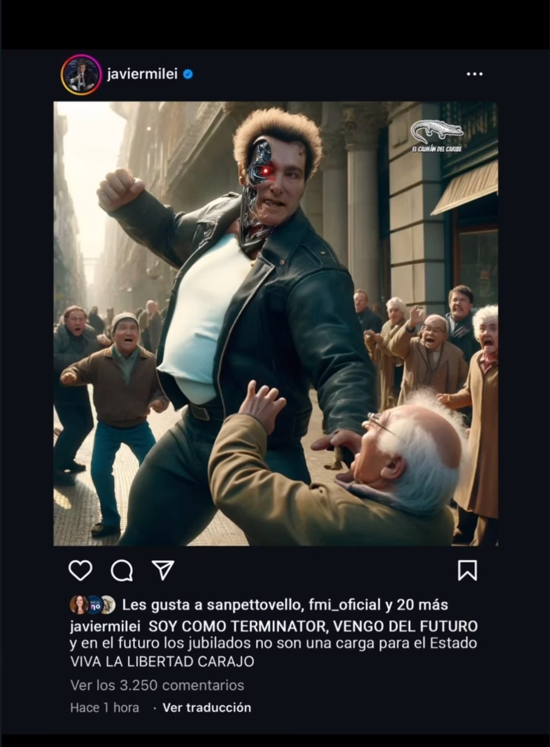 An image showing a man resembling Javier Milei in a leather jacket, with an exposed metallic skull and glowing red eye, posed aggressively over an elderly man on a city street.