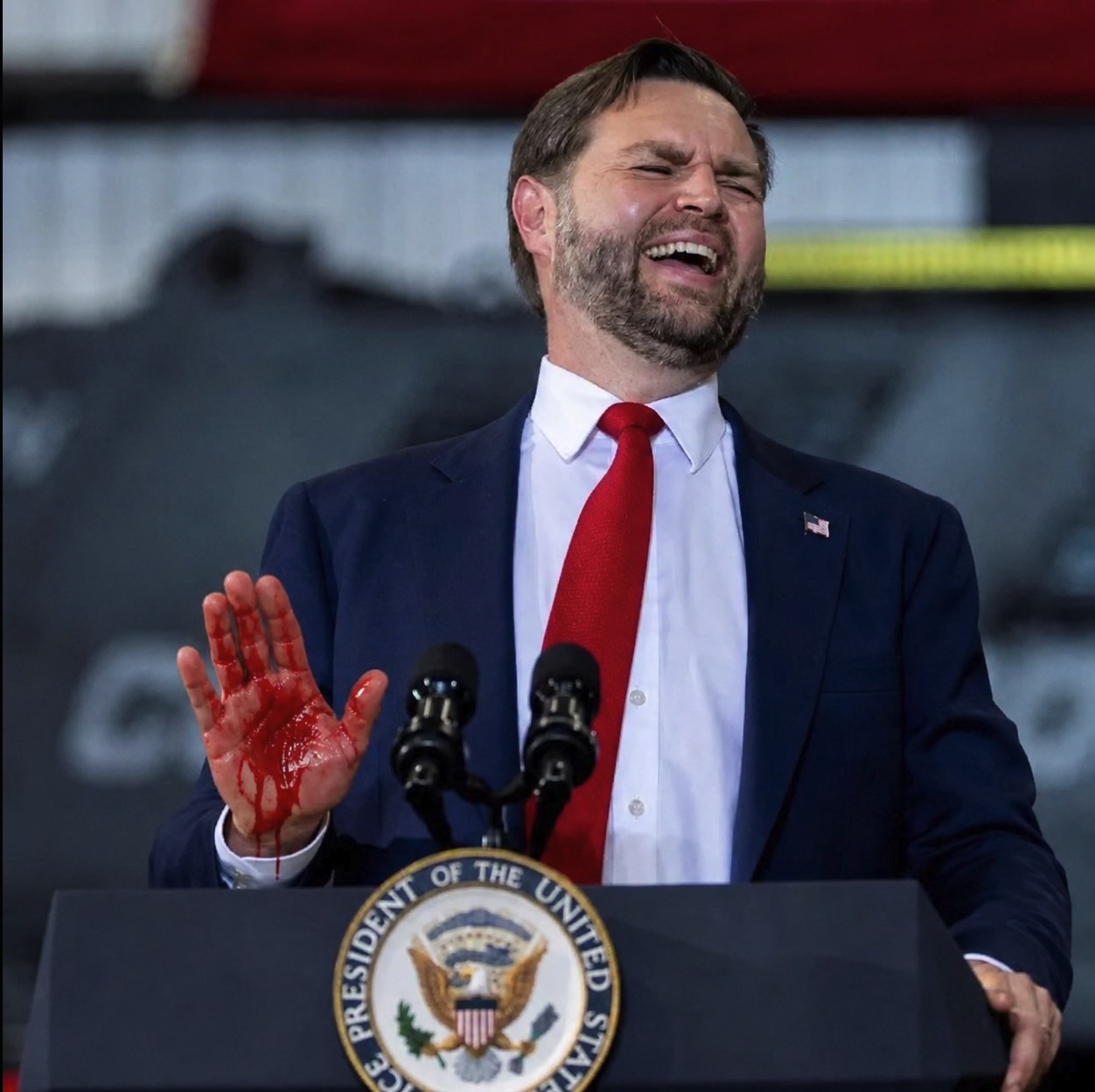 A man resembling JD Vance standing at a podium bearing the Presidential Seal, his raised right hand covered in red liquid.