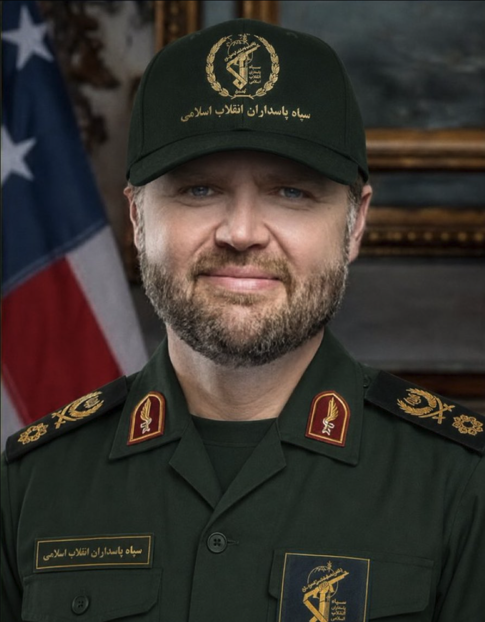 A man resembling JD Vance wearing the green uniform of Iran's Islamic Revolutionary Guard Corps.