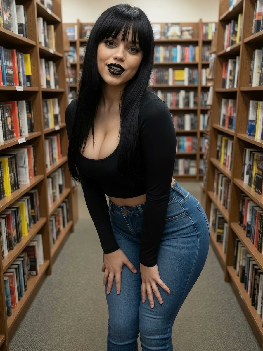 A woman resembling Jenna Ortega leaning forward in a bookstore aisle between bookshelves.