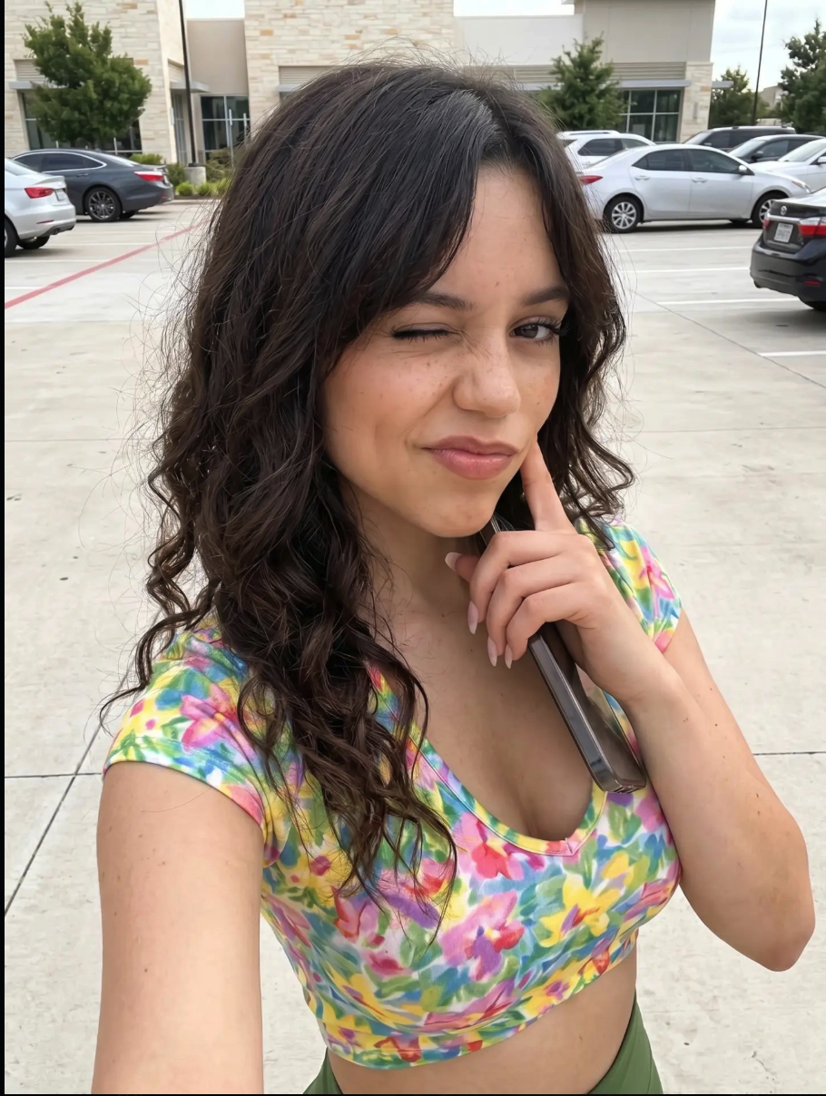 A young woman resembling Jenna Ortega taking a selfie in a parking lot, wearing a floral crop top.