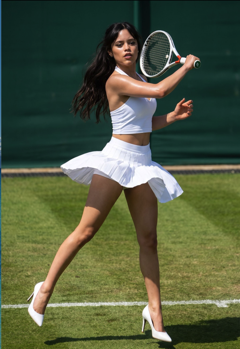 A woman resembling Jenna Ortega playing tennis on a grass court in a white outfit and heels.