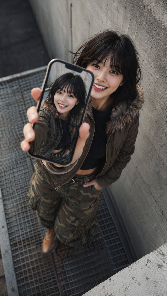 A woman holding a smartphone toward the viewer so the screen shows her smiling reflection.