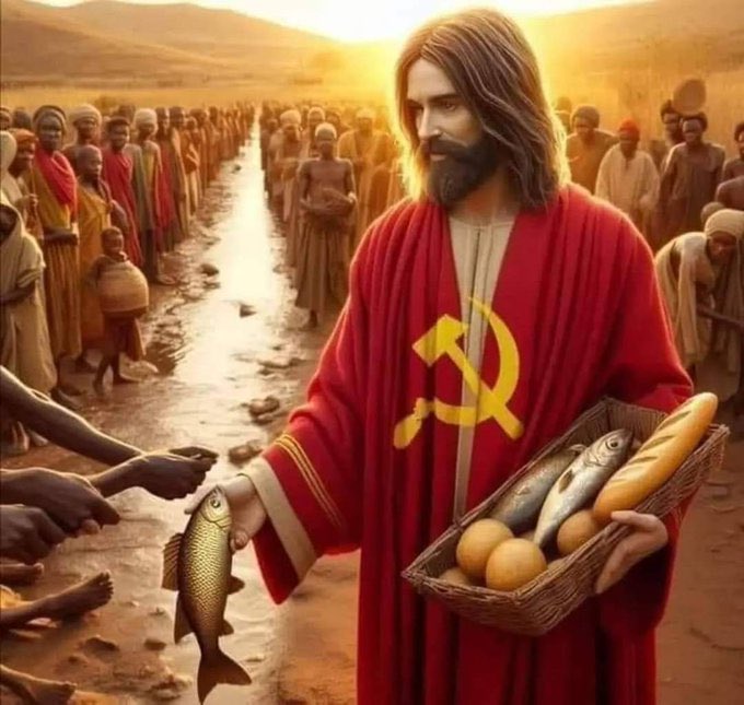 A figure resembling Jesus in a red robe marked with a hammer and sickle, handing a fish to outstretched hands while holding a basket of fish and bread, with crowds on either side.