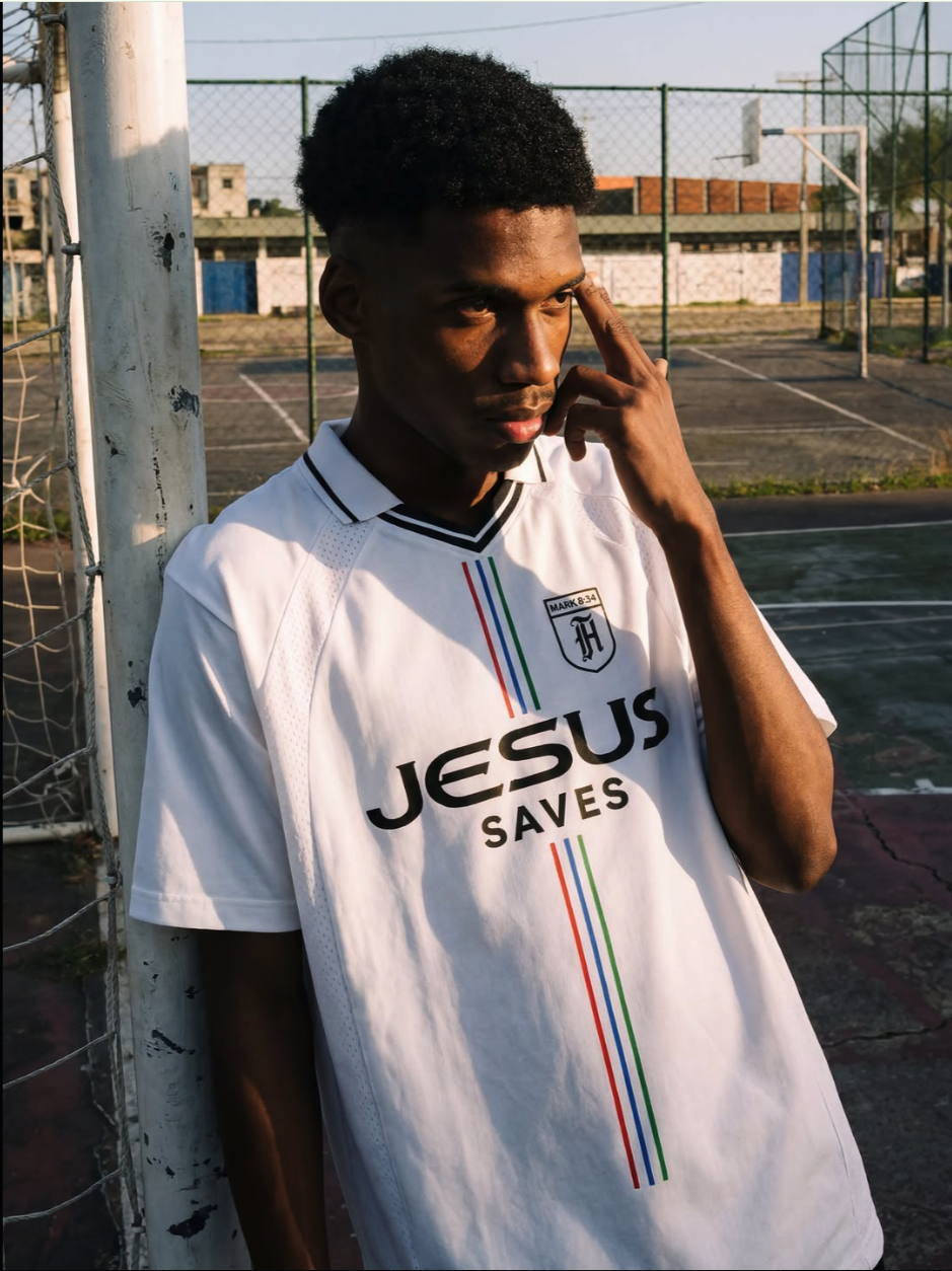 A young man in a white 'Jesus Saves' soccer jersey standing on an outdoor basketball court with his hand near his face.