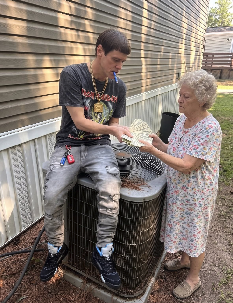 A young man resembling Jim Carrey in an Iron Maiden shirt handing a fan of dollar bills to an elderly woman in a floral dress.