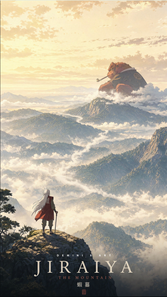 An anime-style figure resembling Jiraiya in a red cloak standing on a cliff, with a giant toad resembling Gamabunta emerging from the clouds above misty mountains.