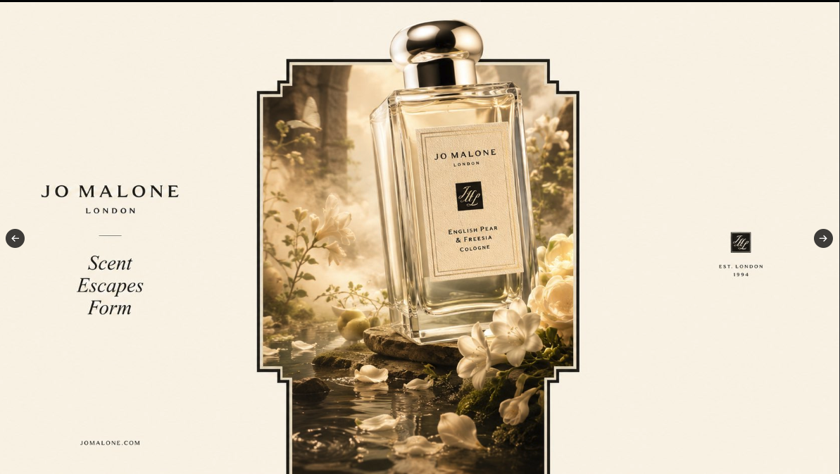 A Jo Malone London English Pear & Freesia cologne bottle displayed among flowers and water in a stylized product scene.