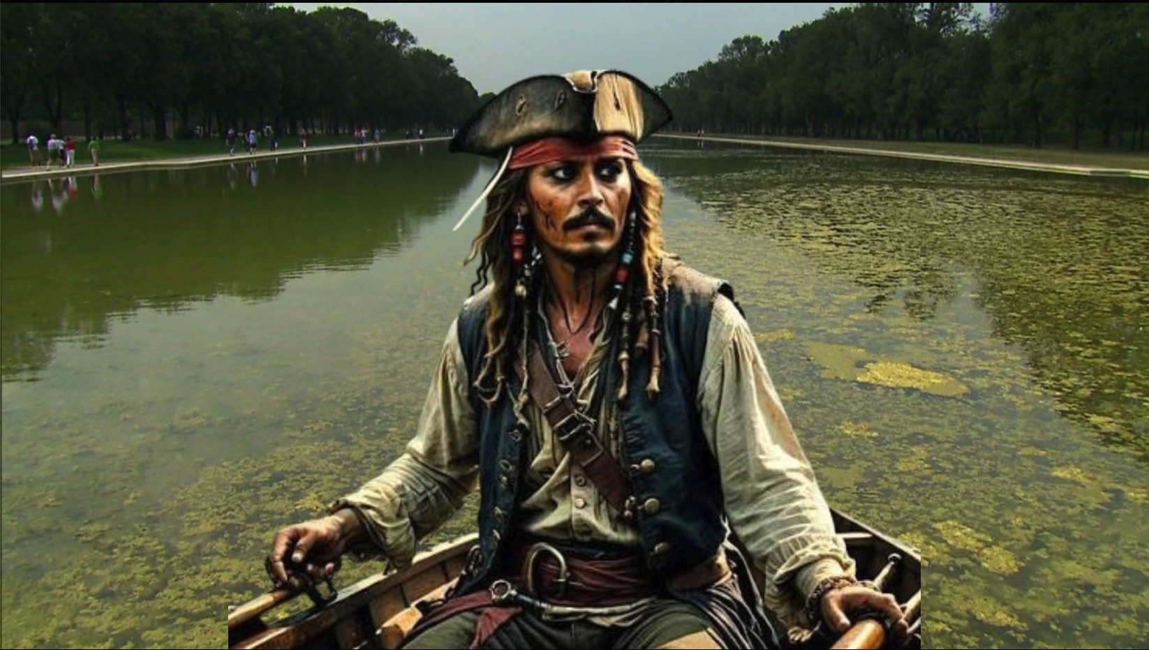 An image appearing to show a man resembling Johnny Depp as Captain Jack Sparrow seated in a small rowboat on a long reflecting pool.