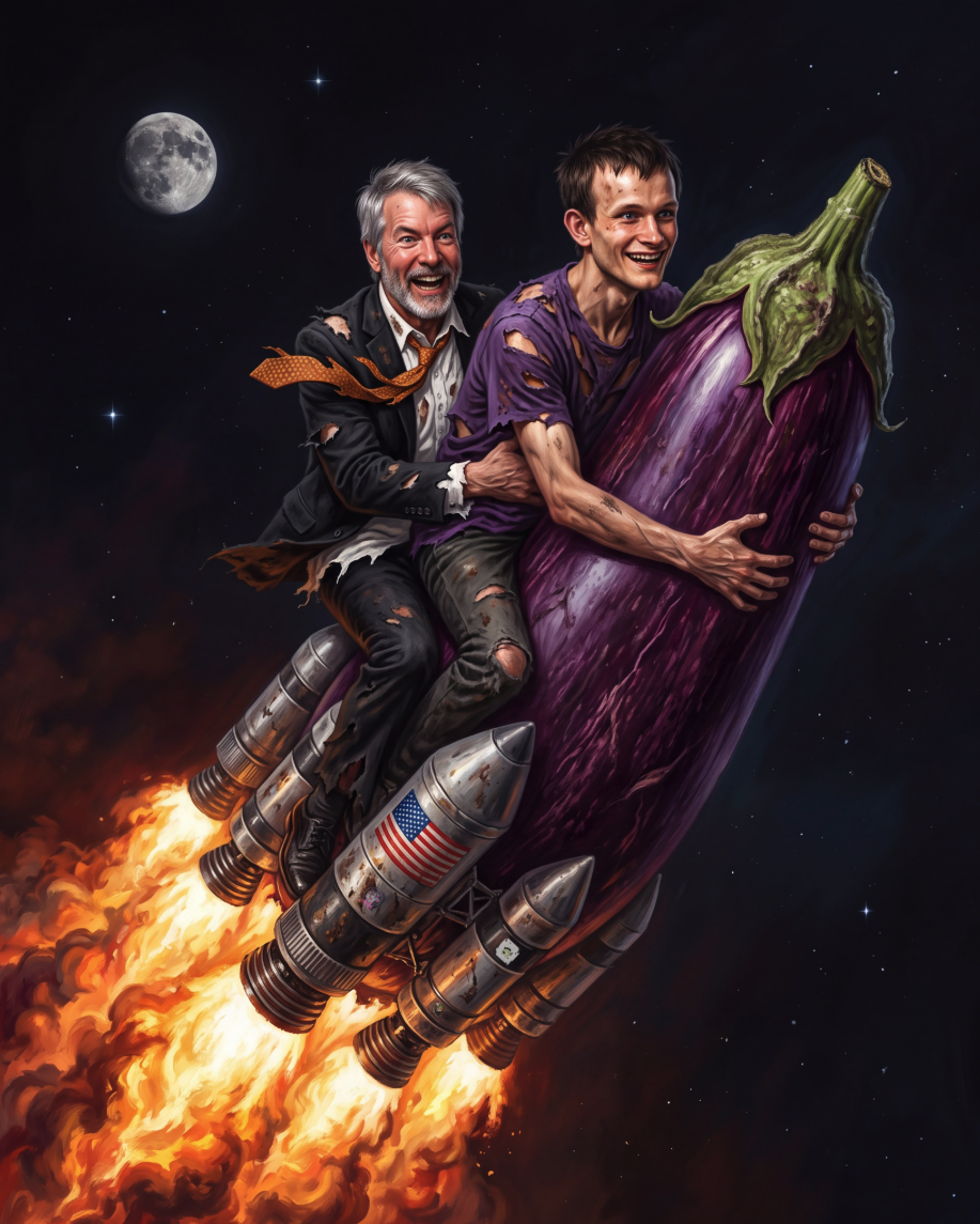Two men resembling Jonathan Murray riding a giant eggplant strapped to rocket boosters through space.