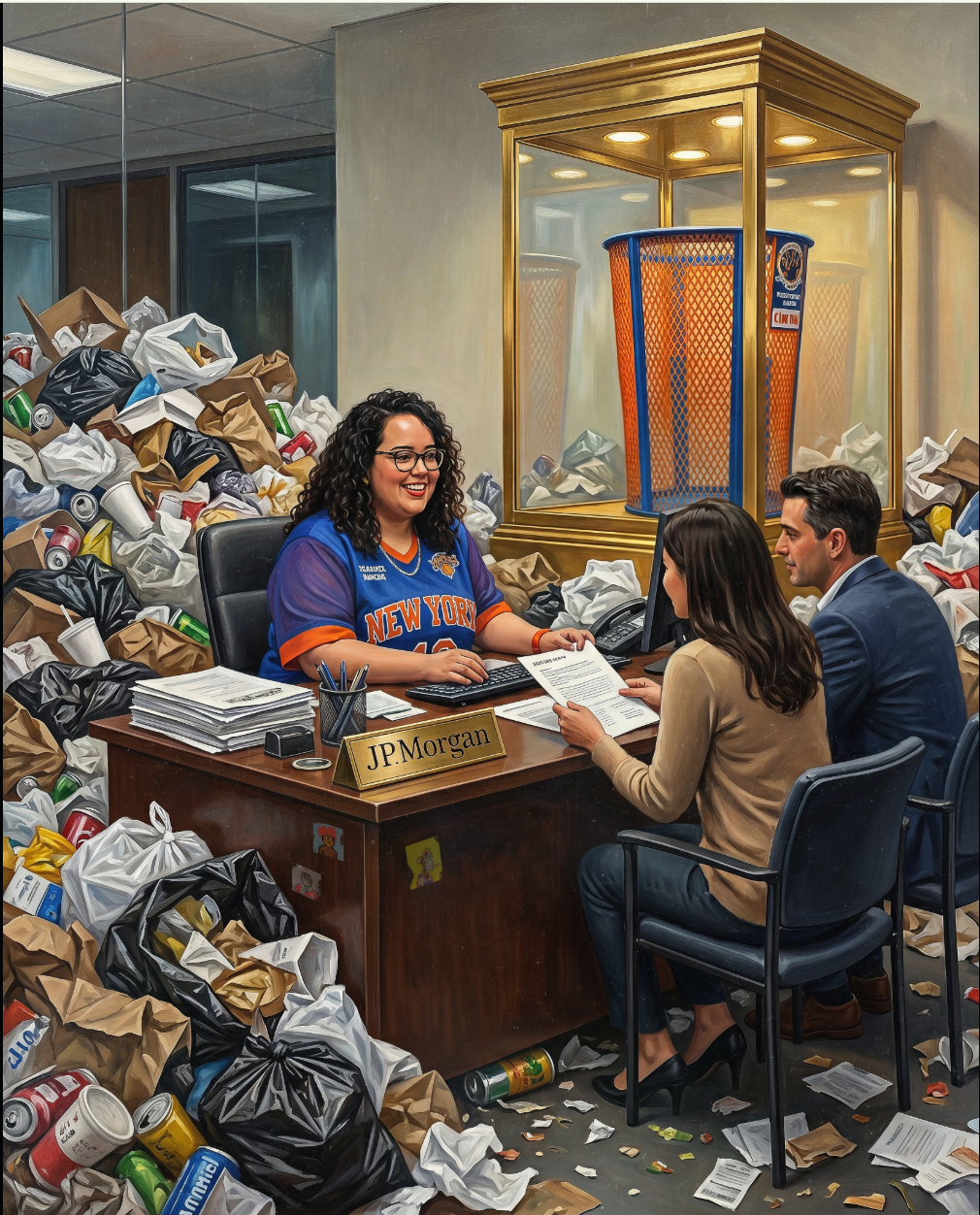 A woman in a New York Knicks jersey seated at a desk with a JPMorgan nameplate, surrounded by piles of trash and speaking with two visitors.