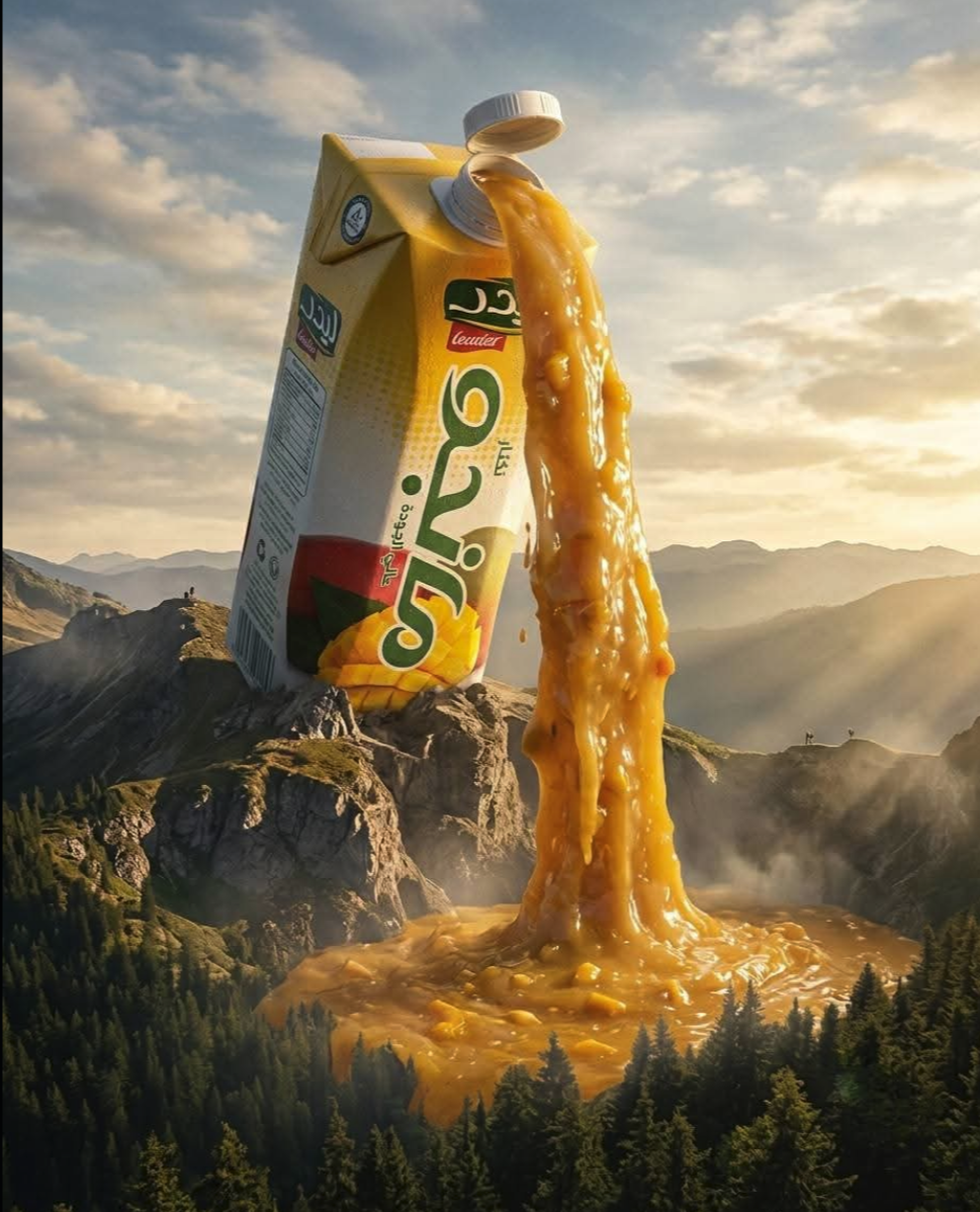 An oversized juice carton with Arabic labeling pouring orange liquid down a rocky mountain into a forested valley.