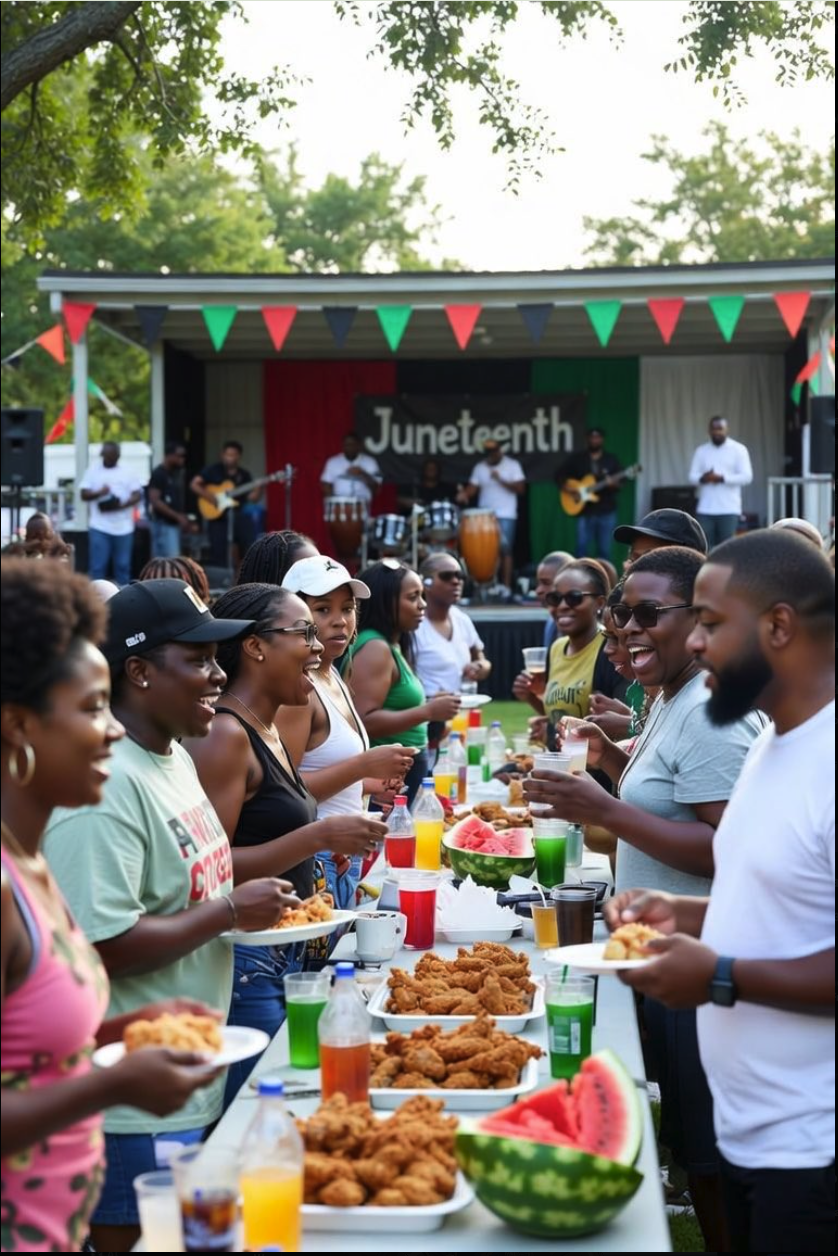 A crowd of people gathered at a long table of food in front of an outdoor stage with a 'Juneteenth' banner.