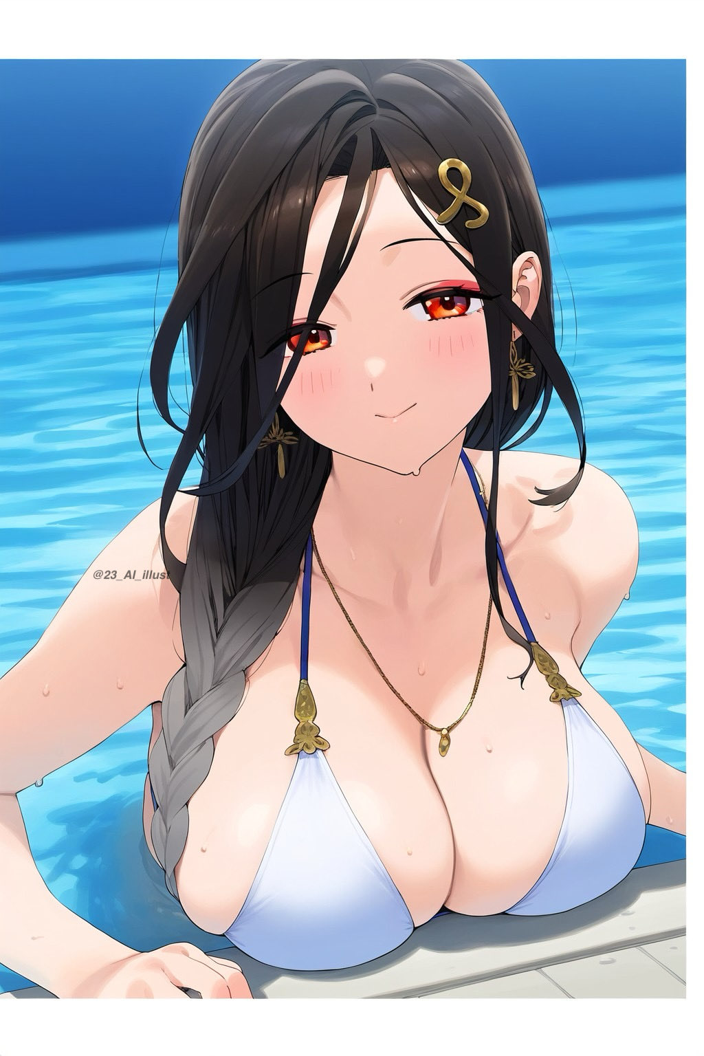 An anime-style illustration of a young woman resembling Kakeya Sukoya in a white bikini at a pool.