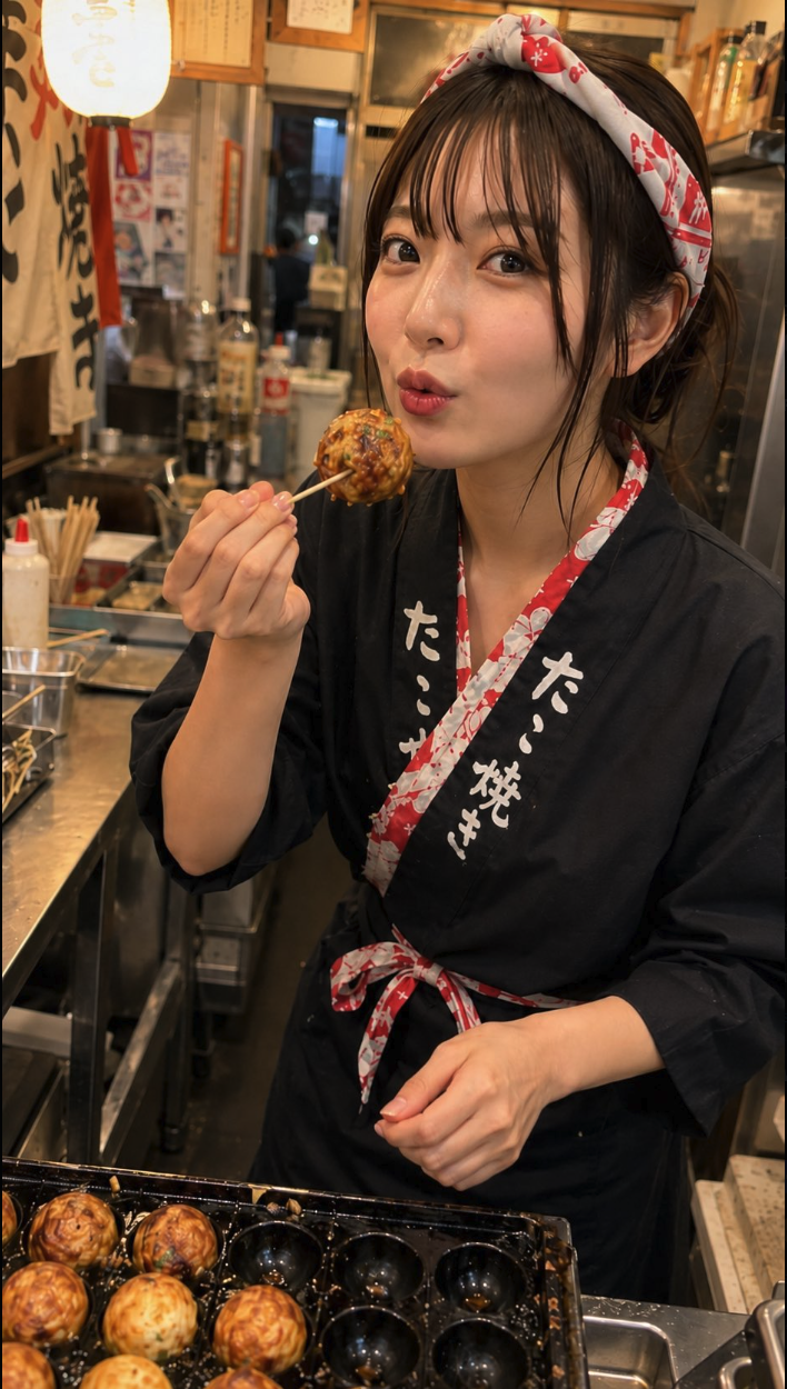 A woman resembling Kana Hanazawa wearing a Japanese-patterned headband and apron, holding a takoyaki ball on a skewer.