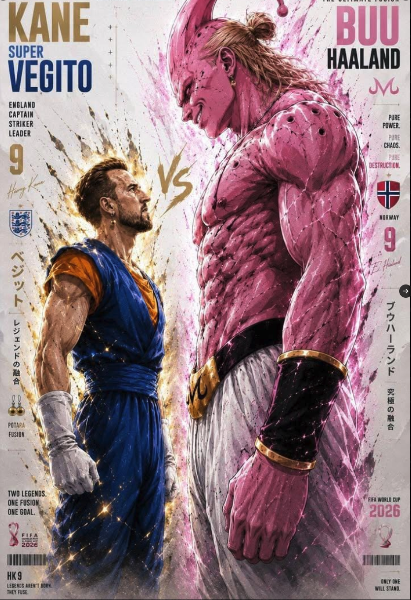 Two muscular figures resembling Harry Kane and Erling Haaland, styled as Dragon Ball Z anime characters, facing each other in a stylized battle pose.
