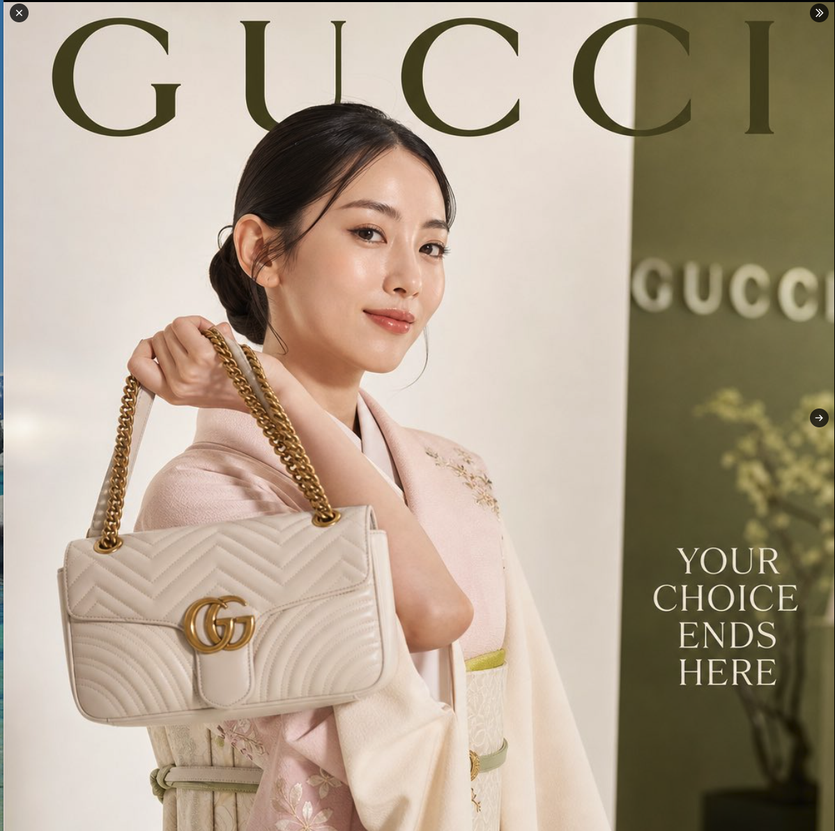 A woman in a kimono holding a white Gucci handbag in front of Gucci branding.