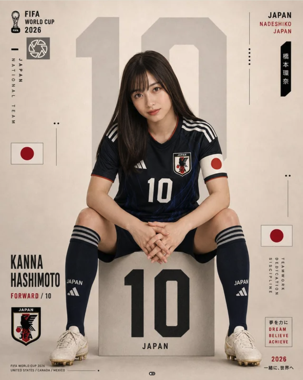 A woman resembling Kanna Hashimoto seated in a Japan #10 national team kit on a FIFA World Cup 2026 poster.