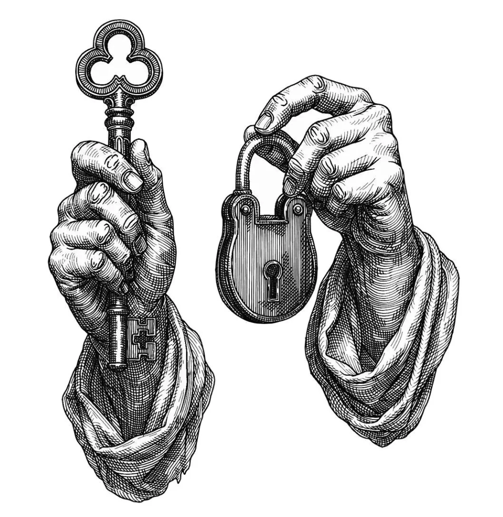 Two illustrated hands in flowing sleeves holding a skeleton key and a closed padlock, rendered in a vintage engraving style.