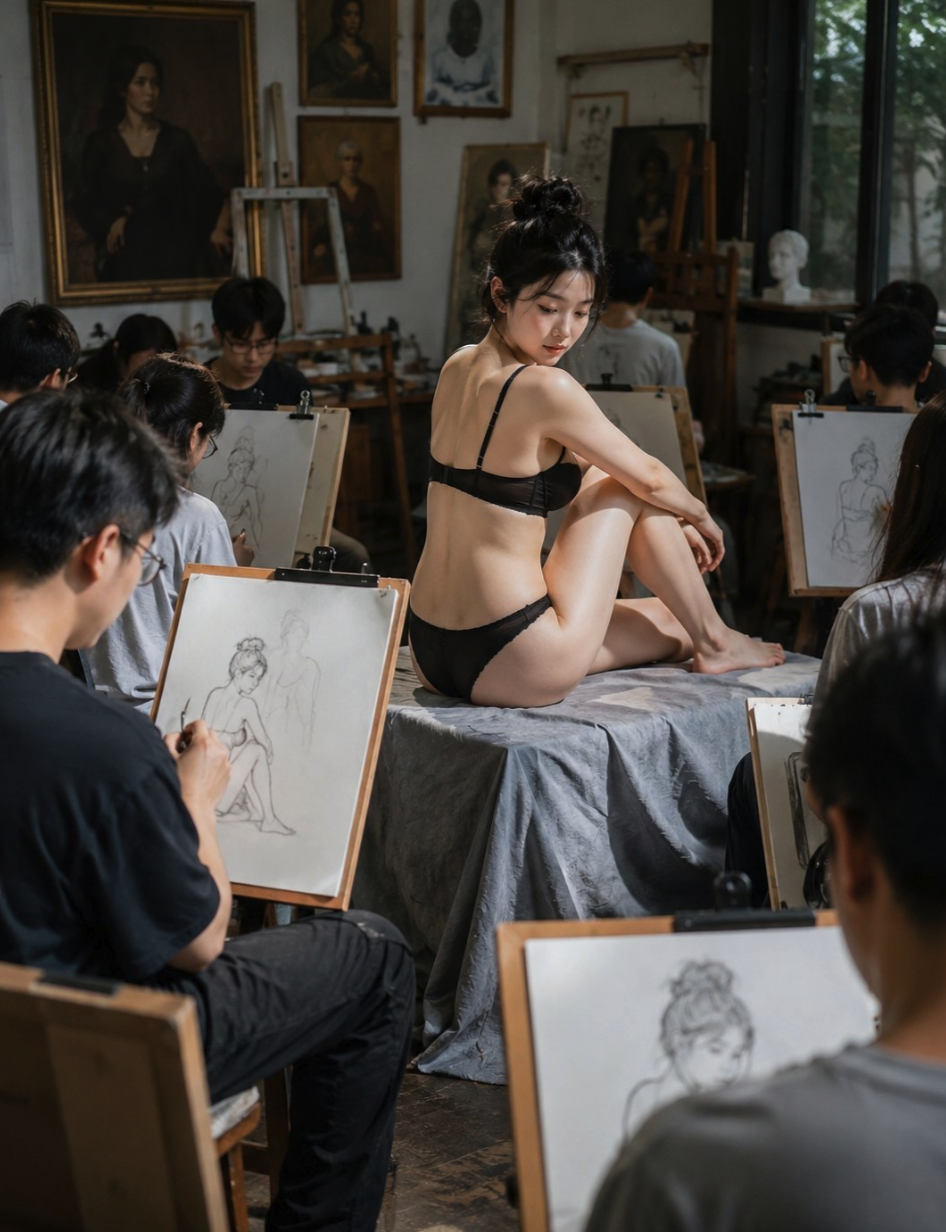 A woman seated on a draped platform in an art studio, posed as a life-drawing model.