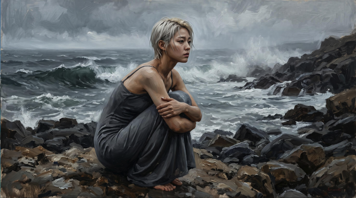 A woman resembling Kim Seolhyun seated on rocky ground beside a stormy sea in an oil-painting style.