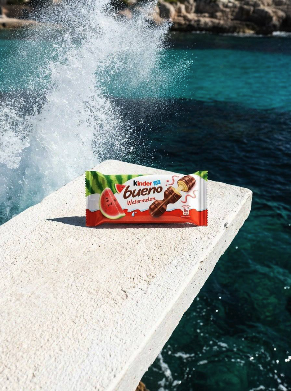 A Kinder Bueno Watermelon chocolate bar resting on a stone ledge with sea water splashing behind it.