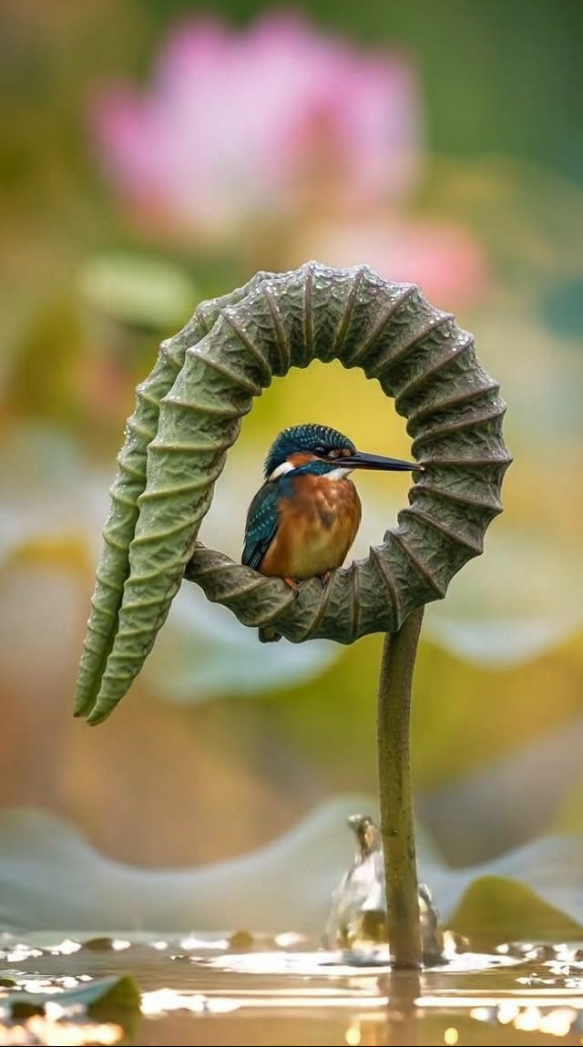 A kingfisher bird perched inside a curled green leaf forming a circular frame, with blurred pink lotus flowers in the background.