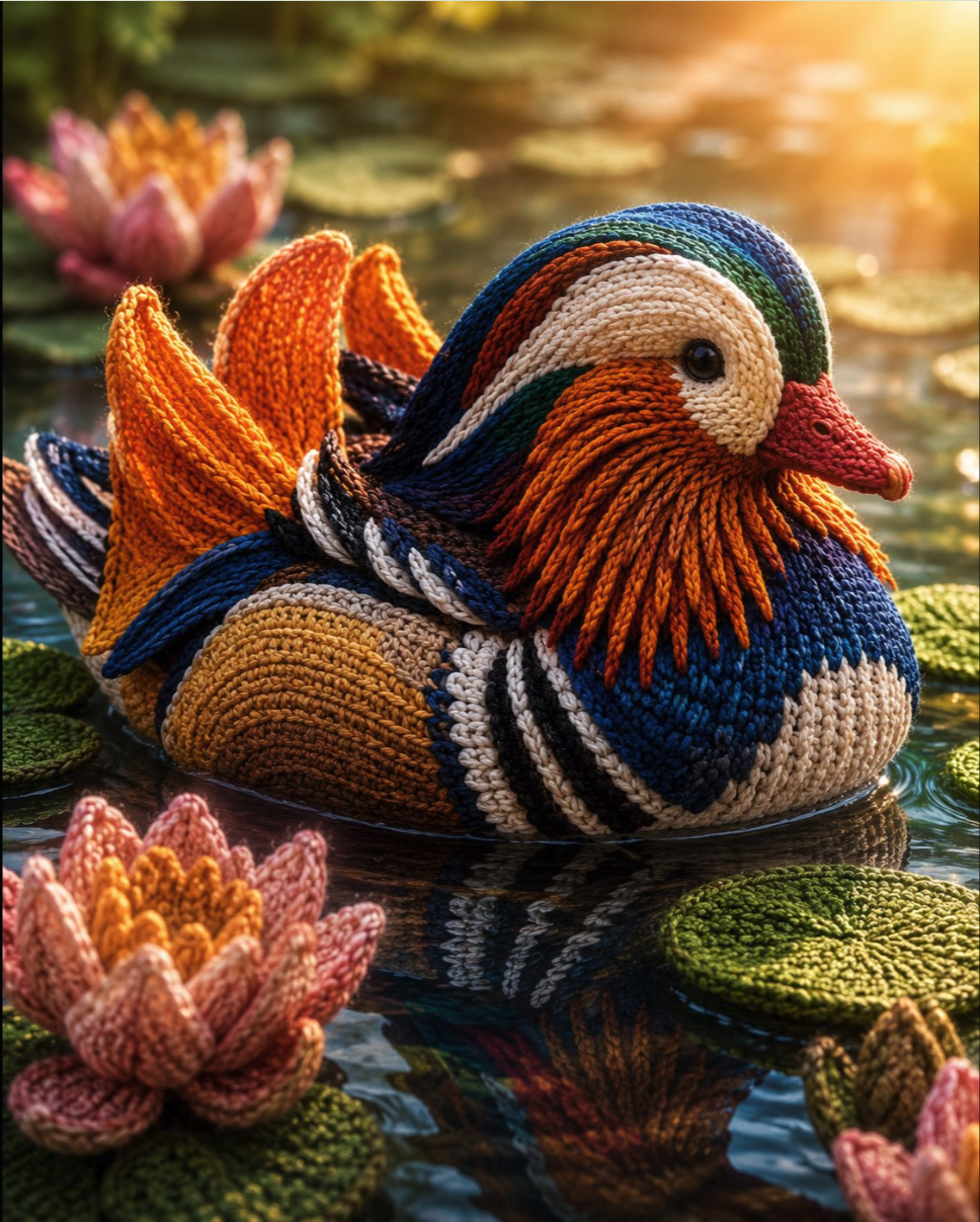 A colorful duck resembling a Mandarin drake, rendered with a knitted yarn texture, swimming on a pond surrounded by lotus flowers and lily pads.